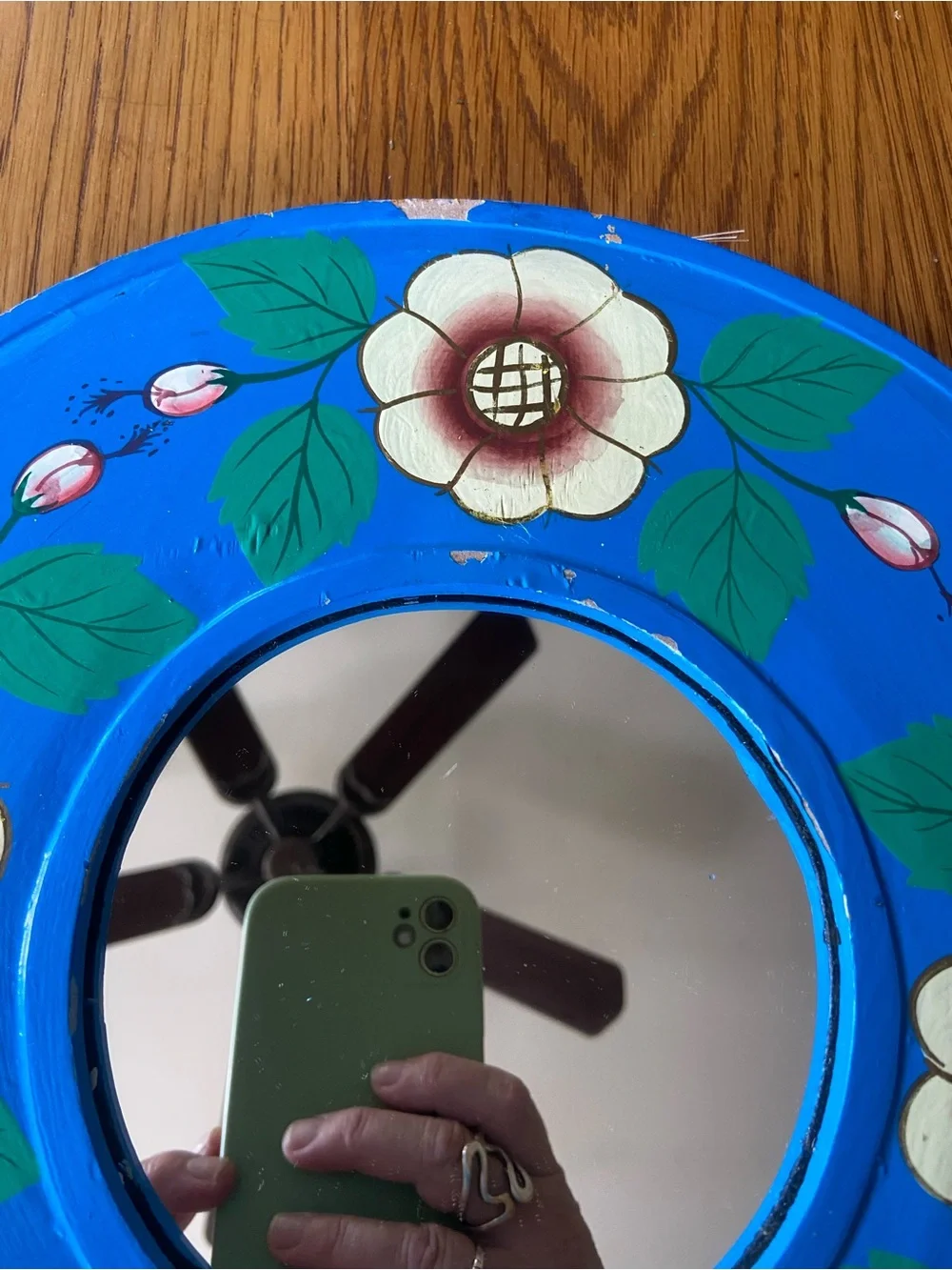 Vintage Folk Art Hand-Painted Blue Floral Round Wall Mirror